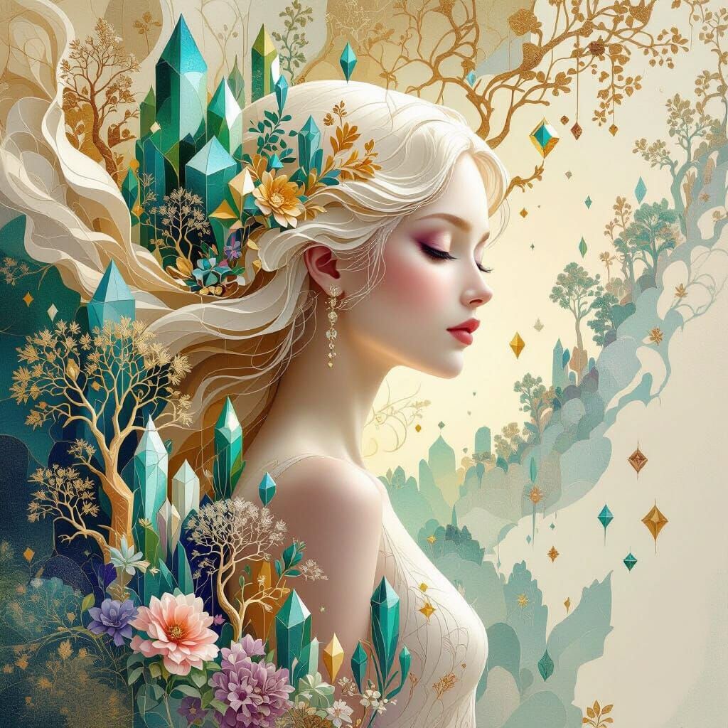 Ethereal Woman in Surreal Geometric Landscape