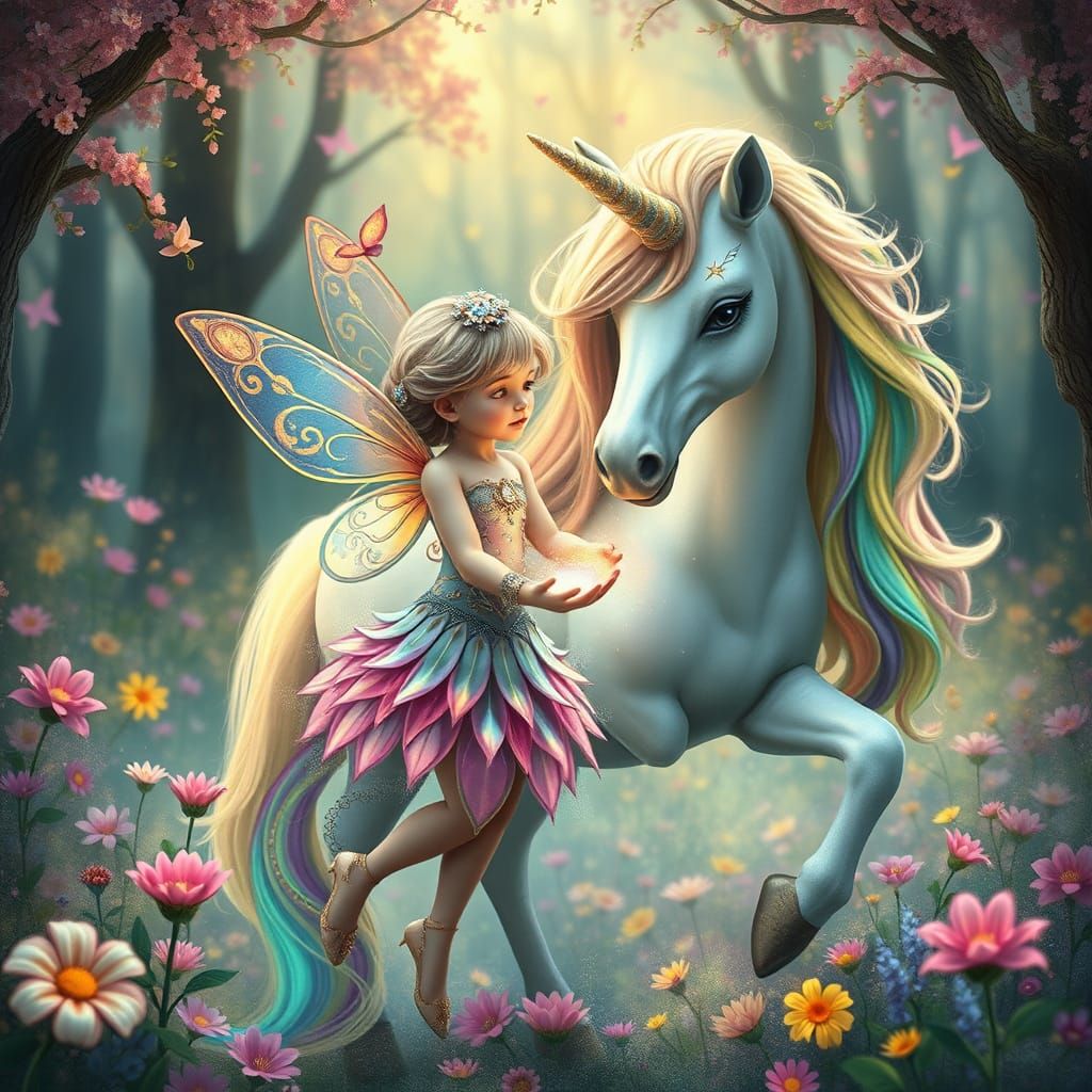 Whimsical Forest Fairy Interacts with Shimmering Unicorn
