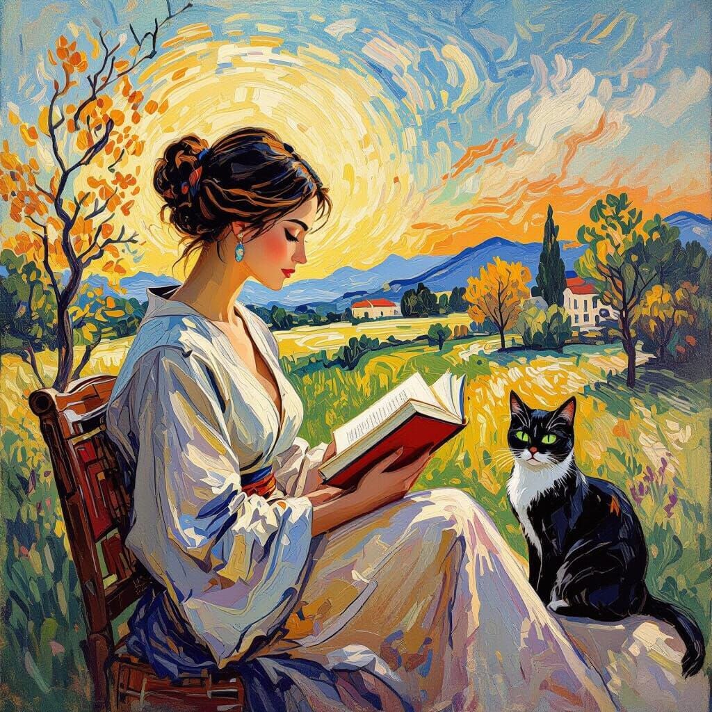 Woman Reading with Cat in Van Gogh Style