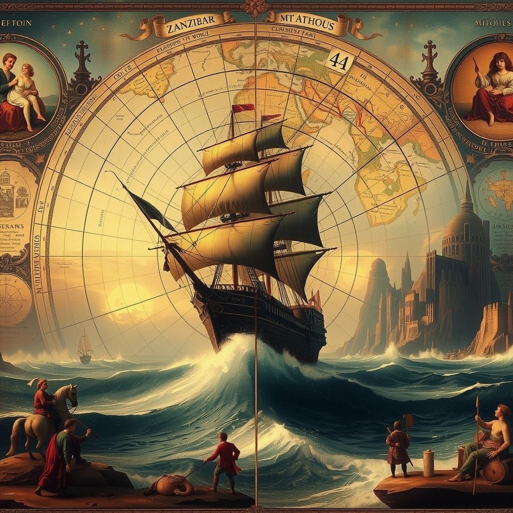 Ship Sails a Medieval Map: Pre-Raphaelite Painting