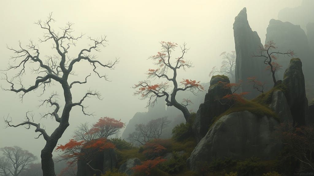 Dream Country in Ethereal Grey and Crimson Hues