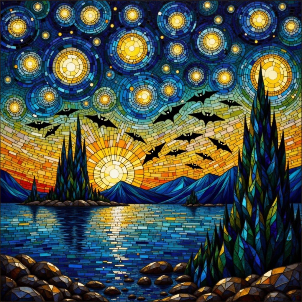 Mosaic Bats Fly Through Starry Night Sky