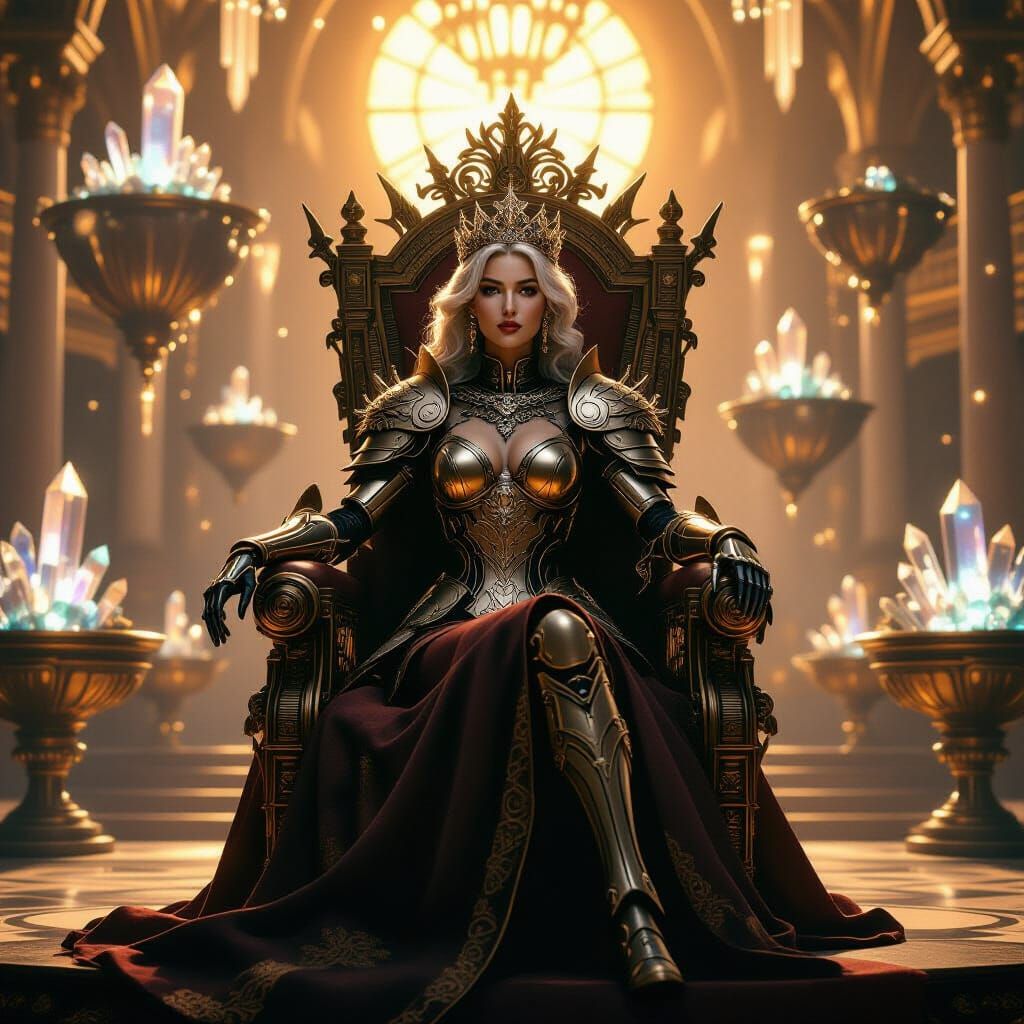 Regal Queen with Mechanical Arm on Clockwork Throne