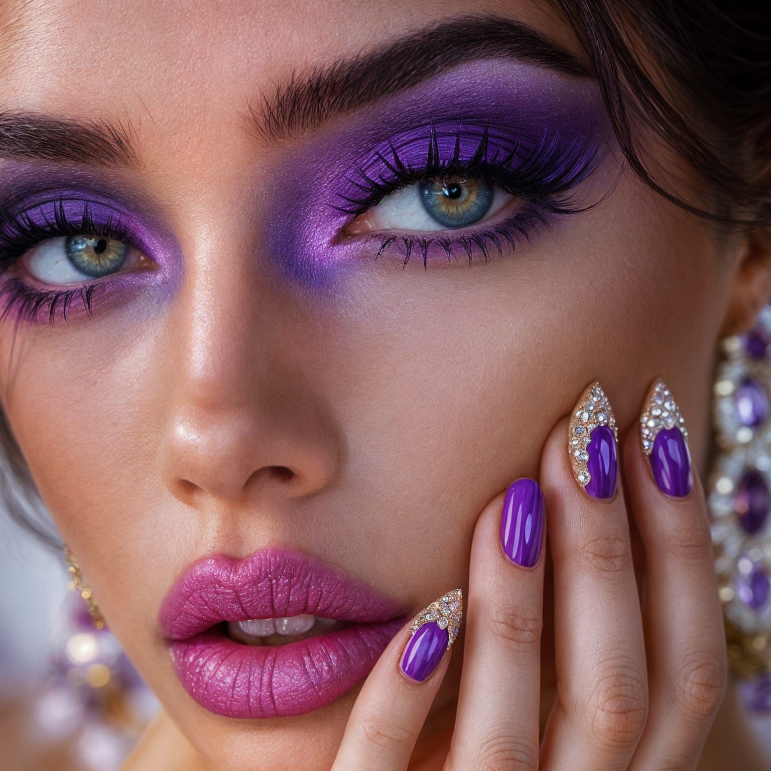 Glamorous Woman with Purple Makeup, Haute Couture Style