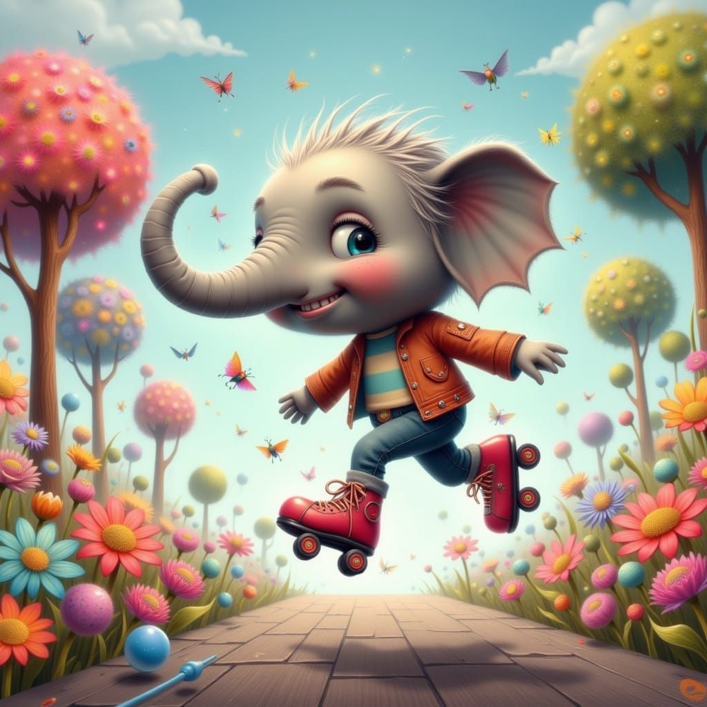 Whimsical Elephant and Girl Skate Down a Vibrant Street