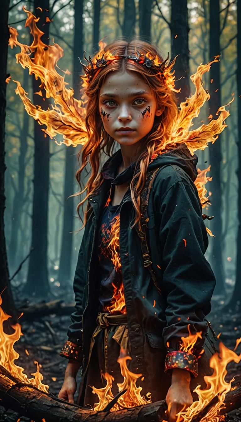 Fiery Fairy in Psychedelic Forest, Photorealistic Portrait