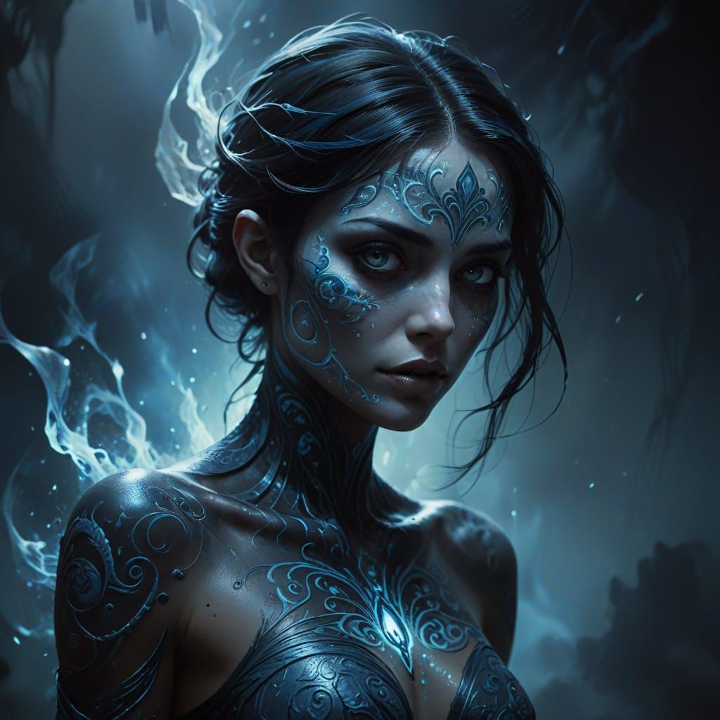 Eerie Banshee Concept Art with Swirling Tattoos