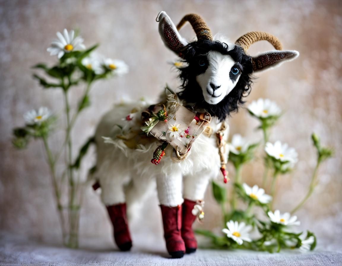Happy Plushie Goats in Boots: Textile Art