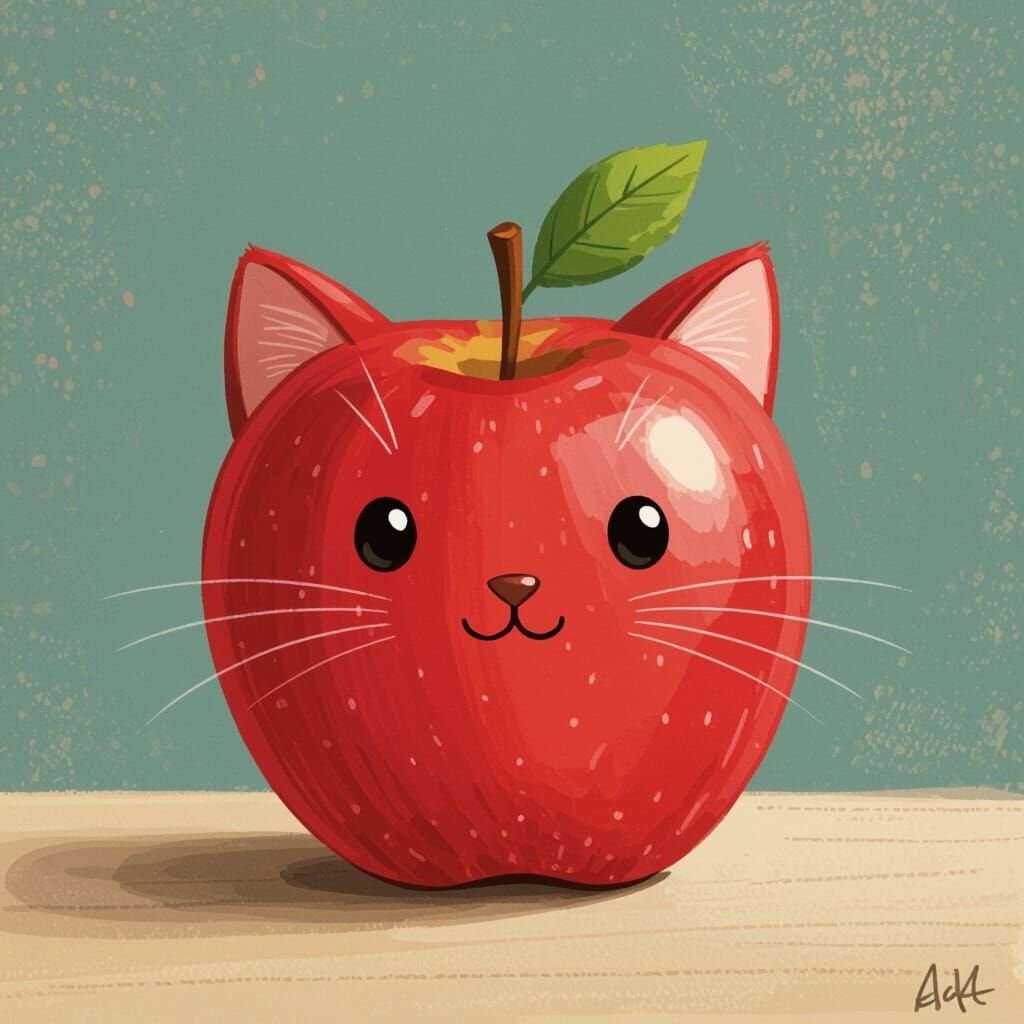 Cute Apple with Kitty Face in Playful Illustration Style