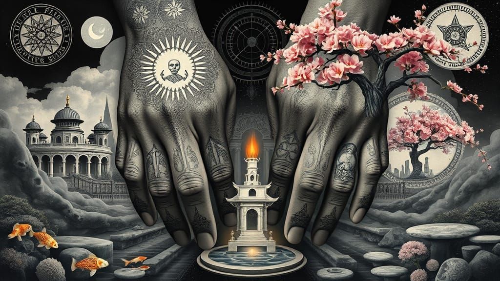 Surreal Charcoal Portrait of Hands with Mystical Symbols