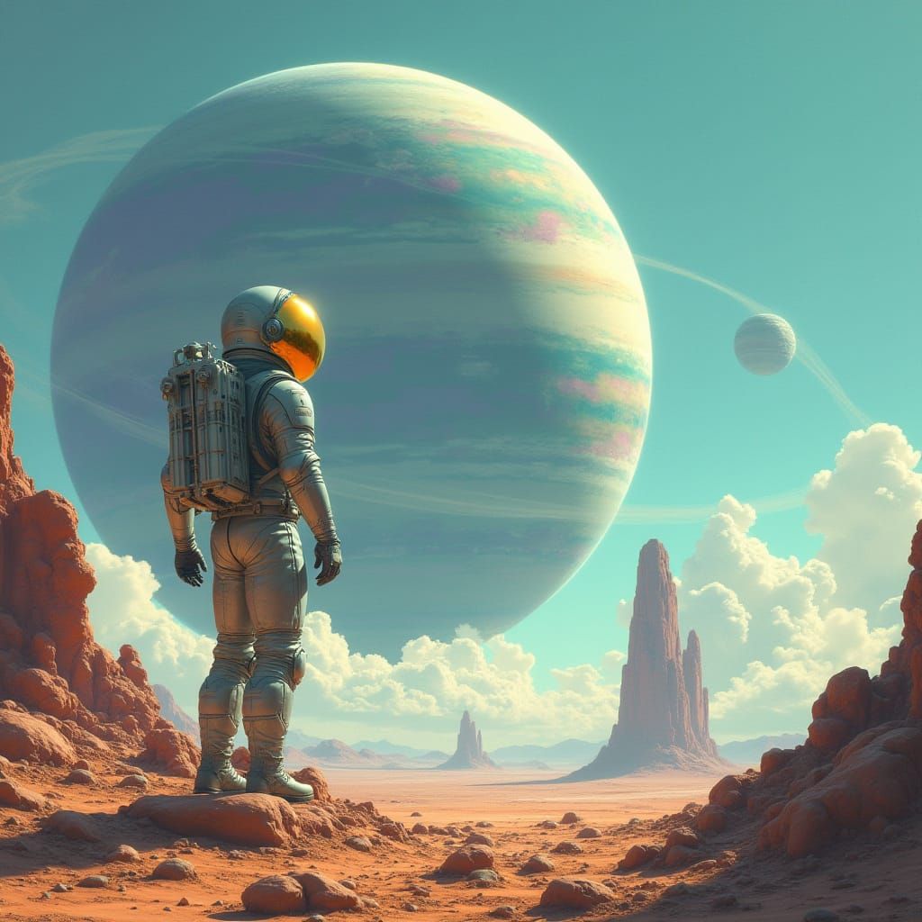 Astronaut on Barren Planet Gazing at Gas Giant