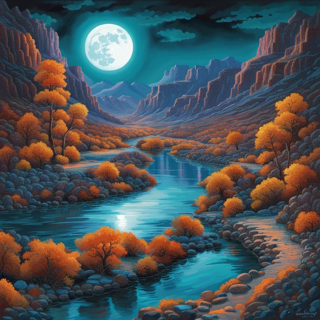 Reflective River at Night in Fantasy Art Style