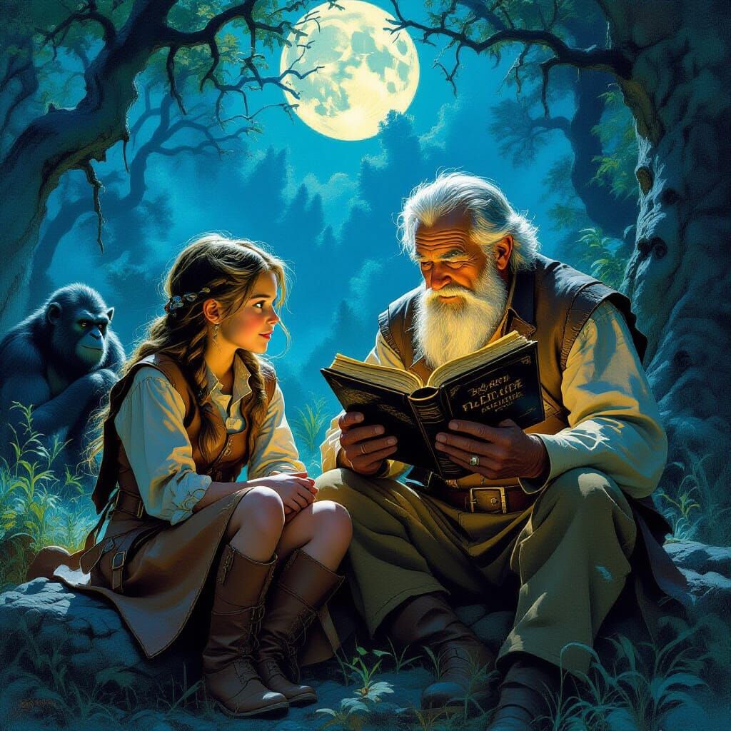 Travelers Observing Apelike Creatures in Moonlit Forest