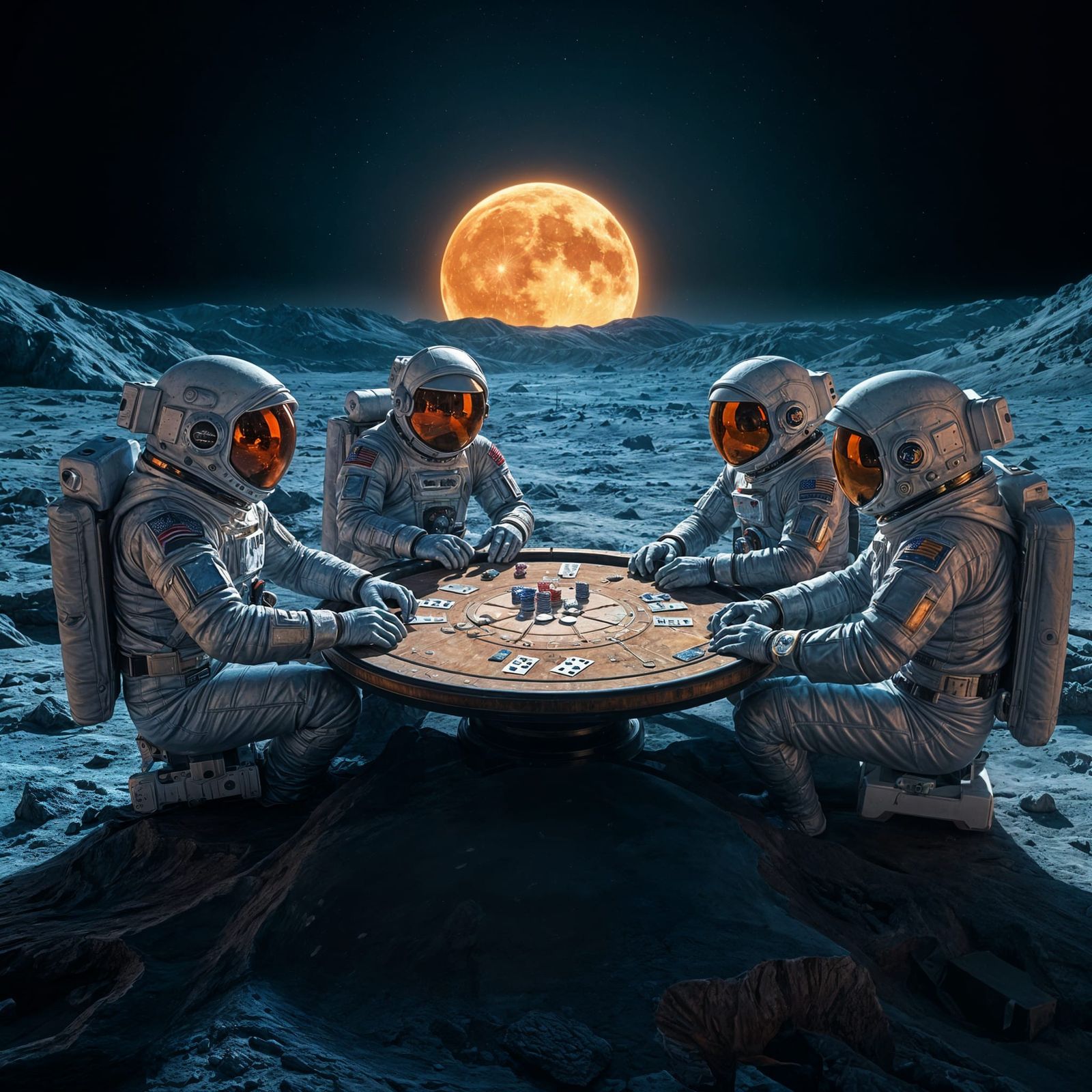 Moonlit Poker Night in a Futuristic Lunar Lair