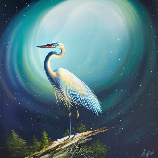 Blue Heron in Astral Northern Lights Fantasy