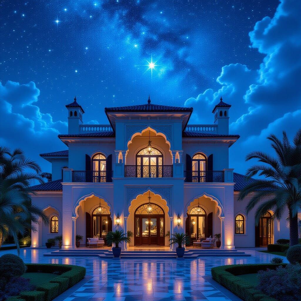 Ethereal Moorish House Under Starry Sky