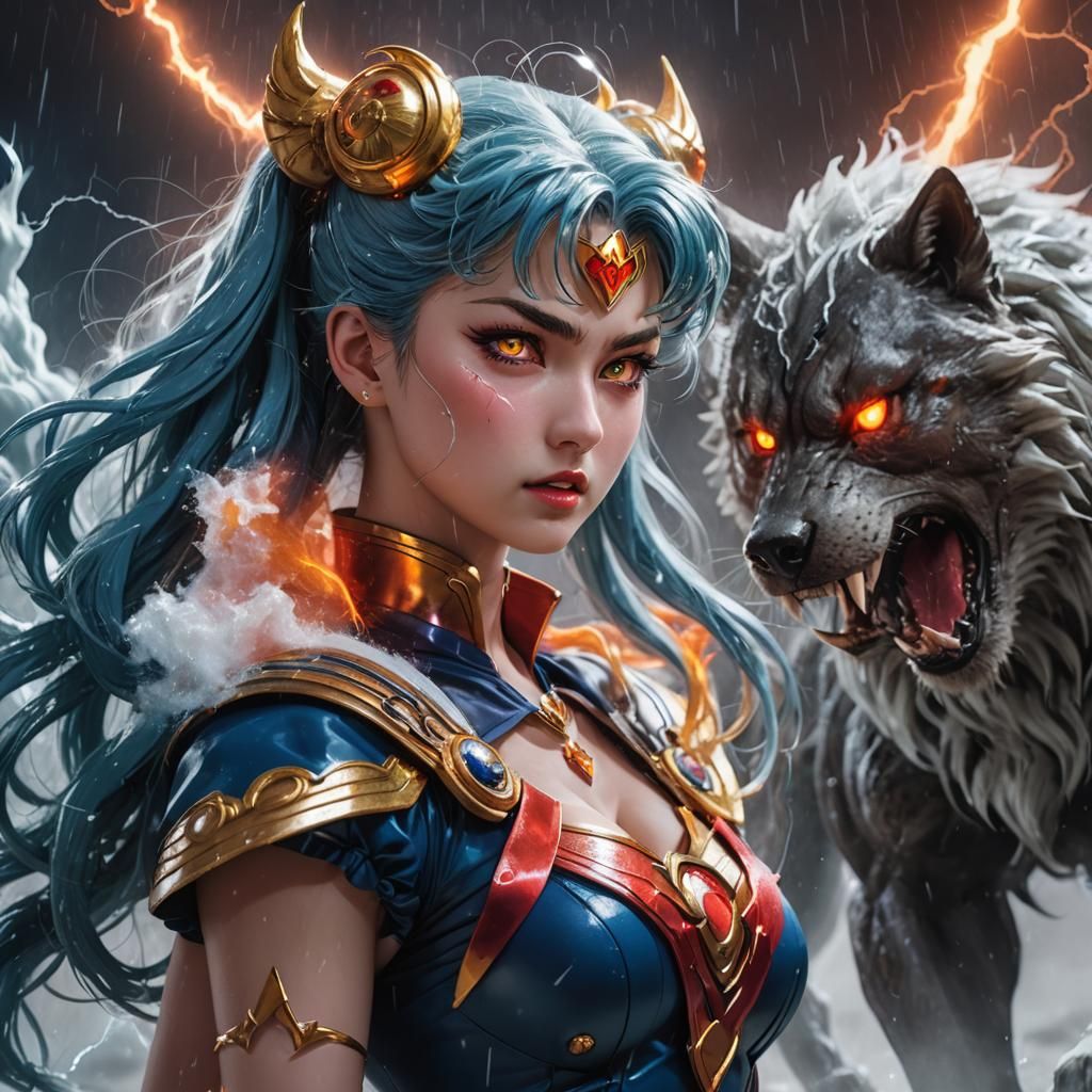 Sailor Moon vs Snarling Warg in Dark Fantasy Art