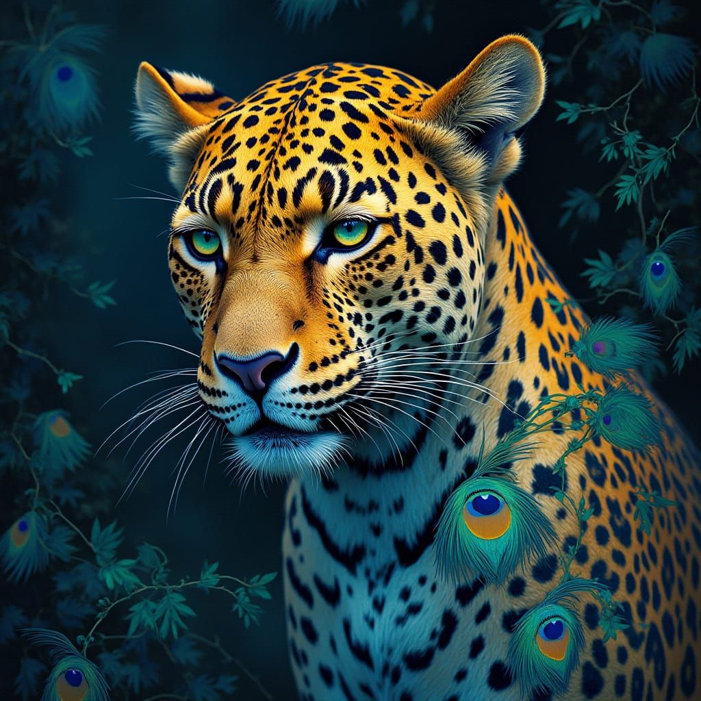 Vibrant Leopard Blends With Peacock Feathers