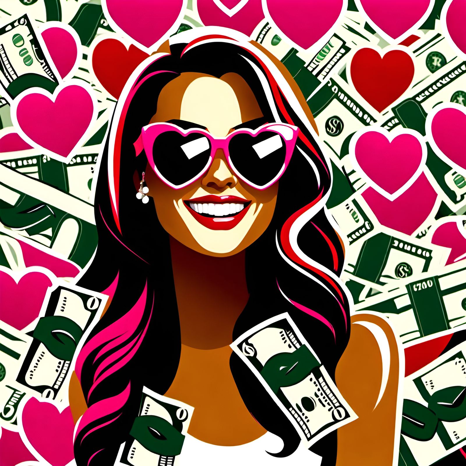 Woman Surrounded by Hearts and Money in Sunlight