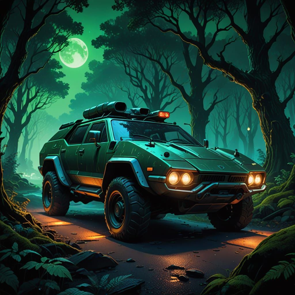 Surreal Futuristic Armoured Car Illuminated by Vibrant Green...
