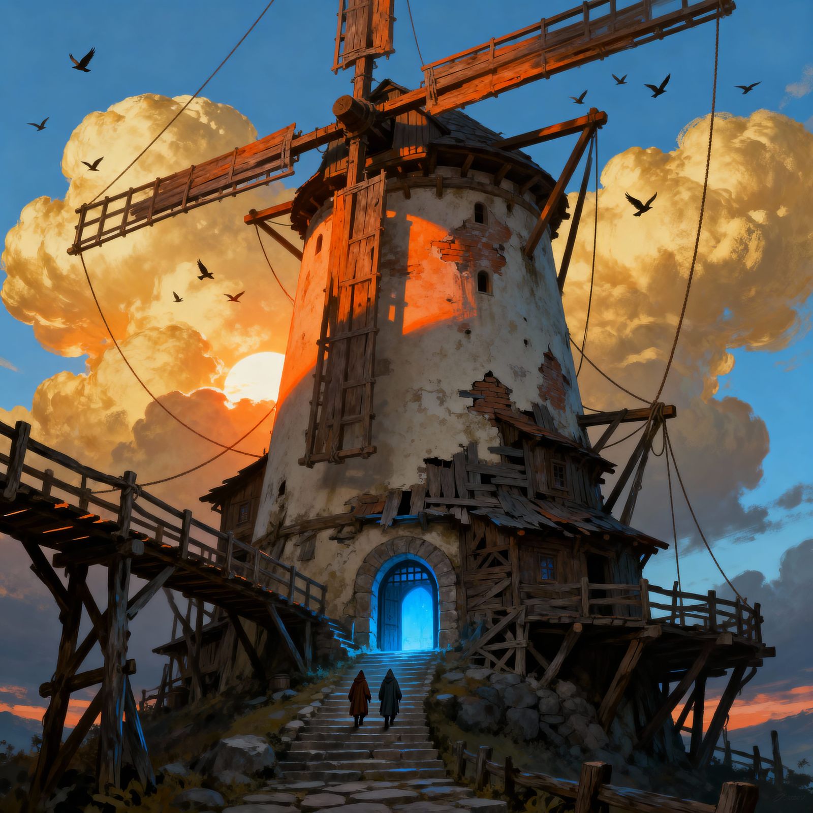 Fantasy Windmill with Travelers Under Golden Sky