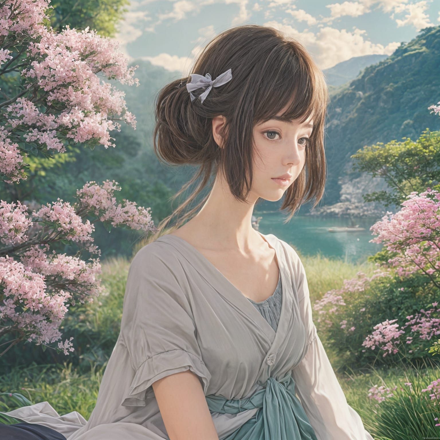 Elegant Woman in Blossoming Gown Close-Up Portrait