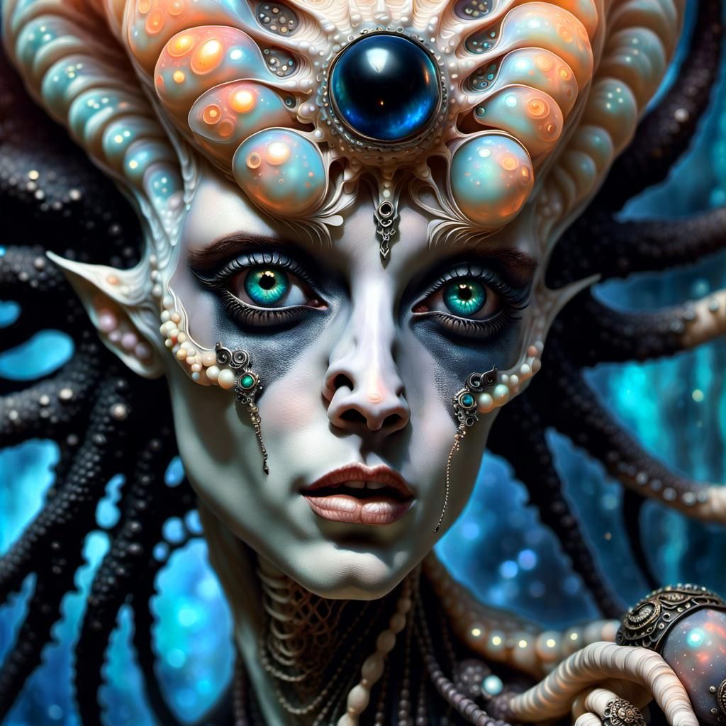 Alien Goddess with Opal Skin, Detailed Fantasy Art