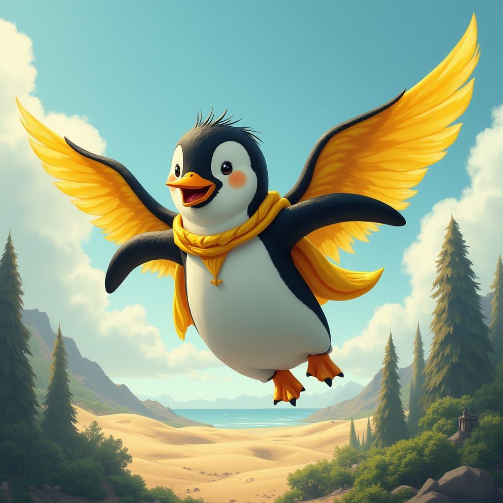 Penguin Flies Over Surreal Mixed Landscape