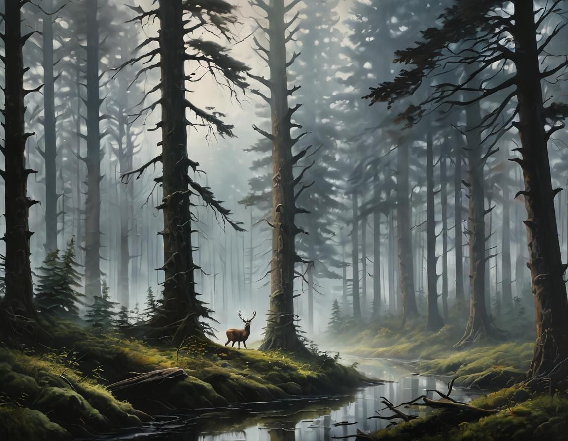 Misty Forest Oil Painting with Deer
