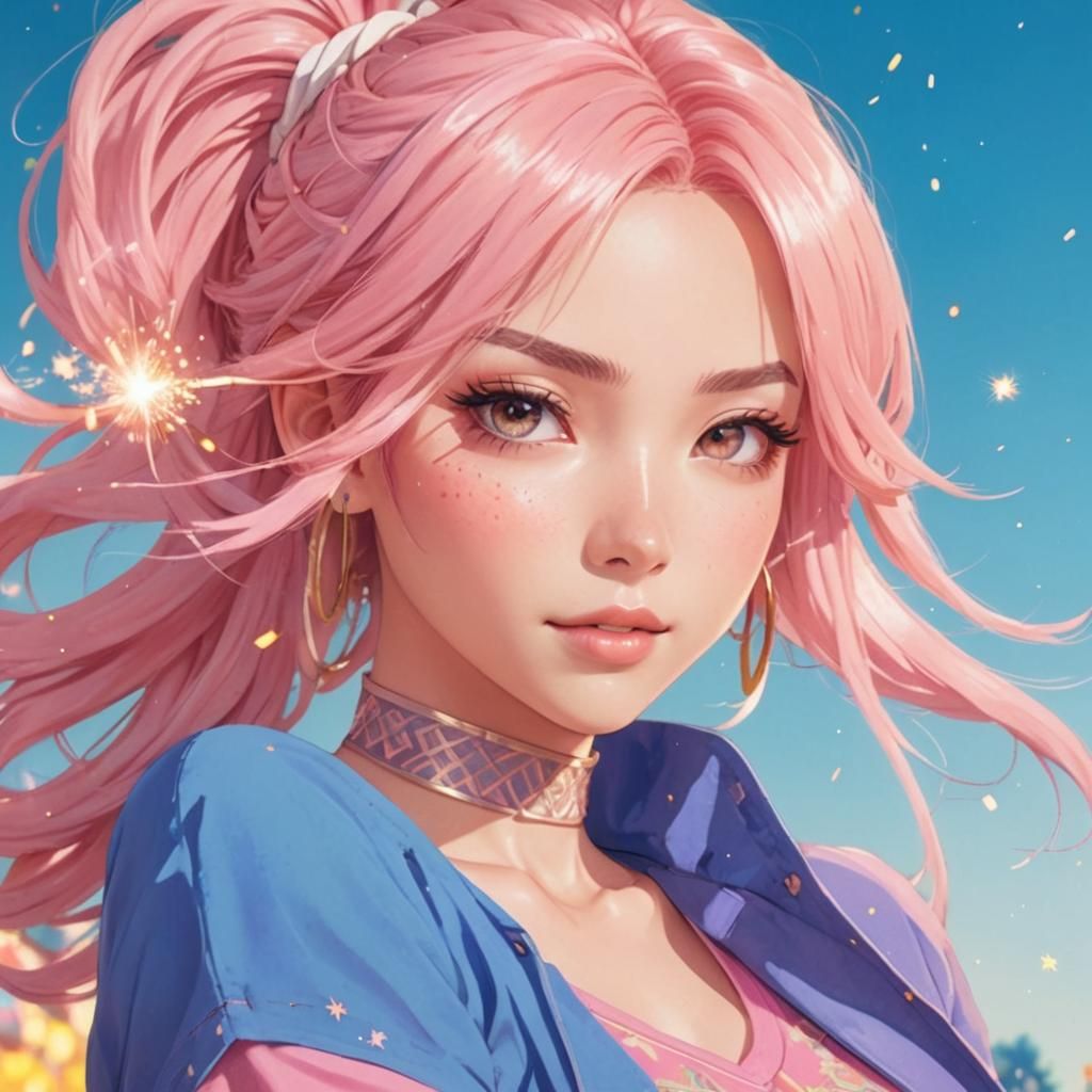 Anime Girl with Sparkler in Sunlit Festival