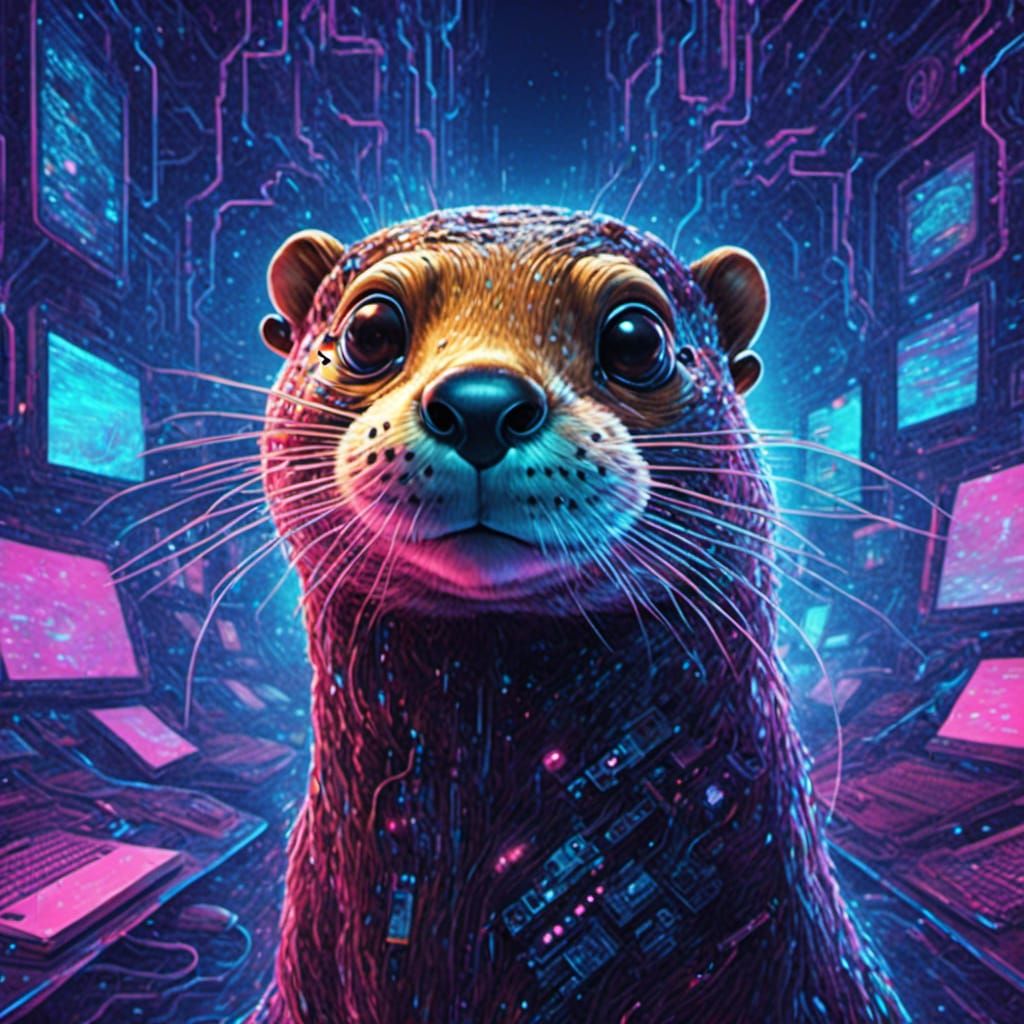 Cyberpunk Otter Swims Through Digital World
