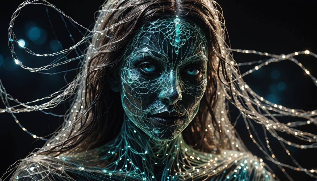 String art, ((String art)),haunting season,a transparent bioluminescent ghost witch glamour Made of String irriscente tr...