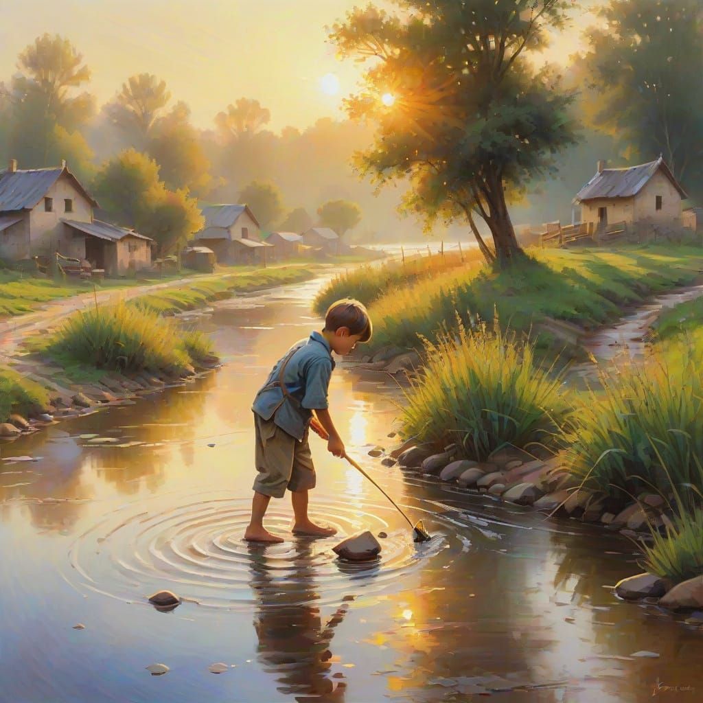 Boy Fishing at Sunrise: Impressionist Village Scene