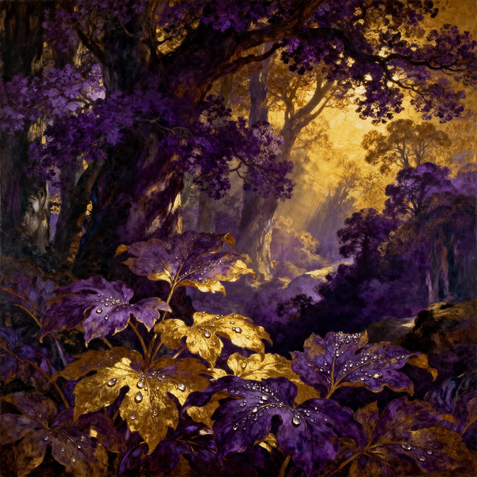 Baroque Purple Forest Landscape with Gold Accents