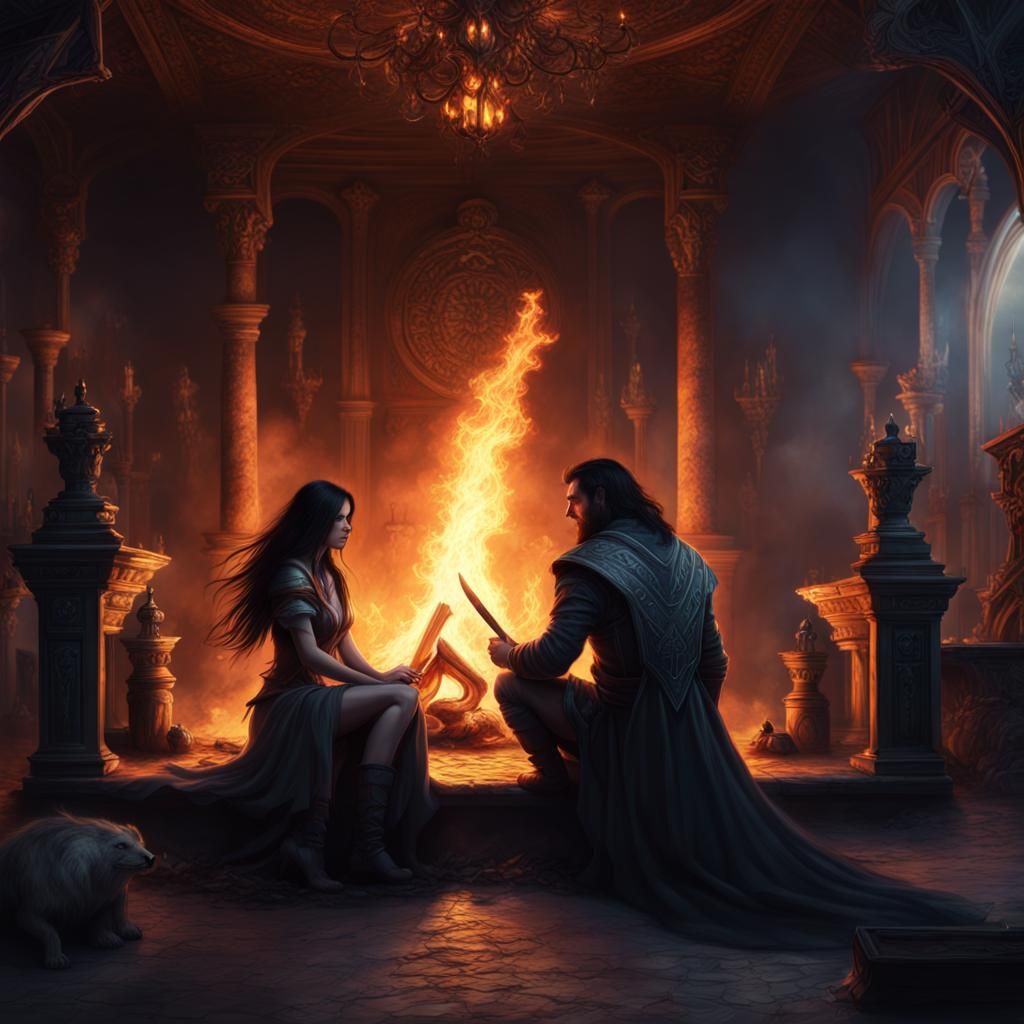 Dark Paladin and Sorceress by Firelight