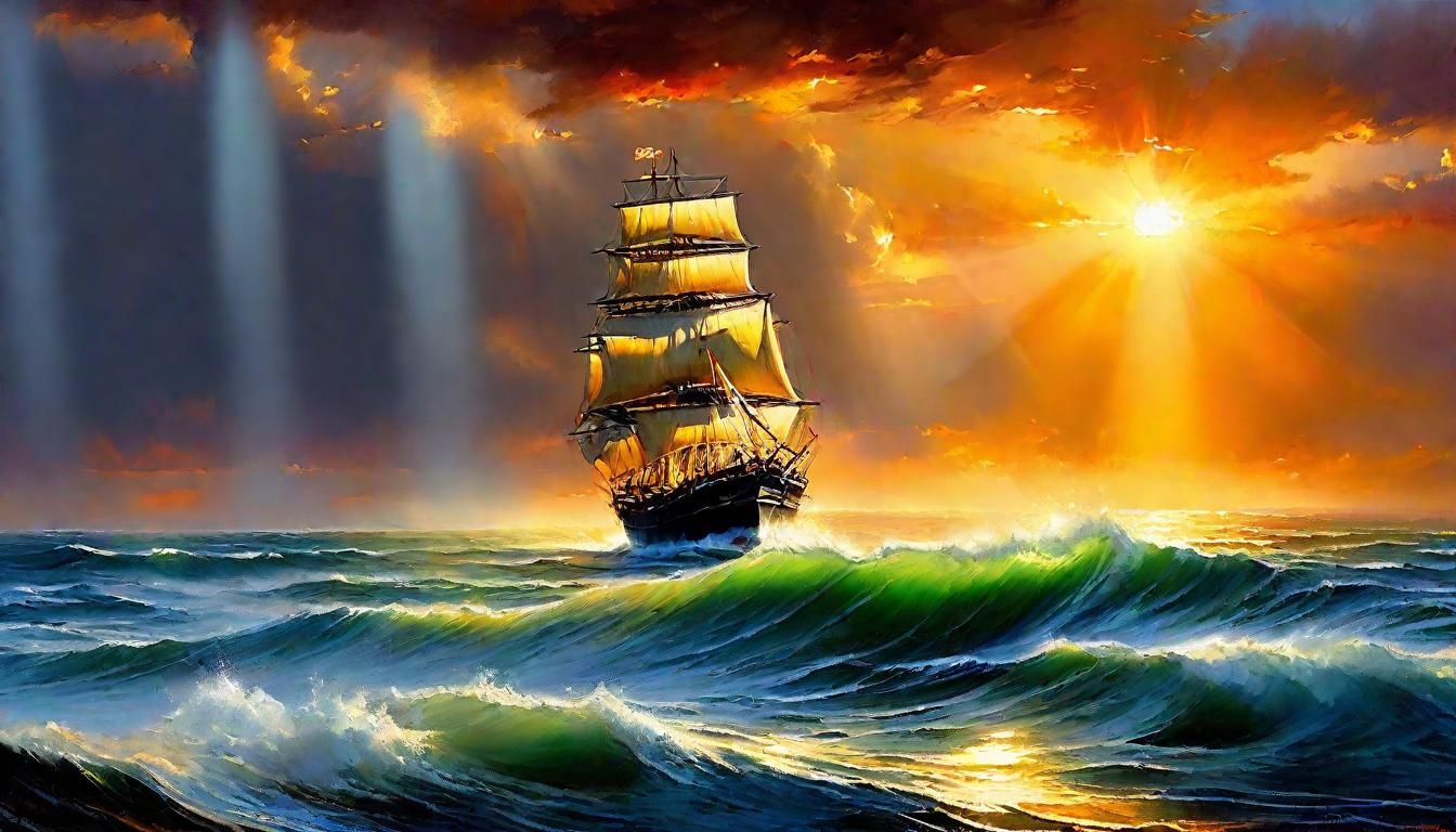Dramatic Ship on Rough Sea: Oil Painting