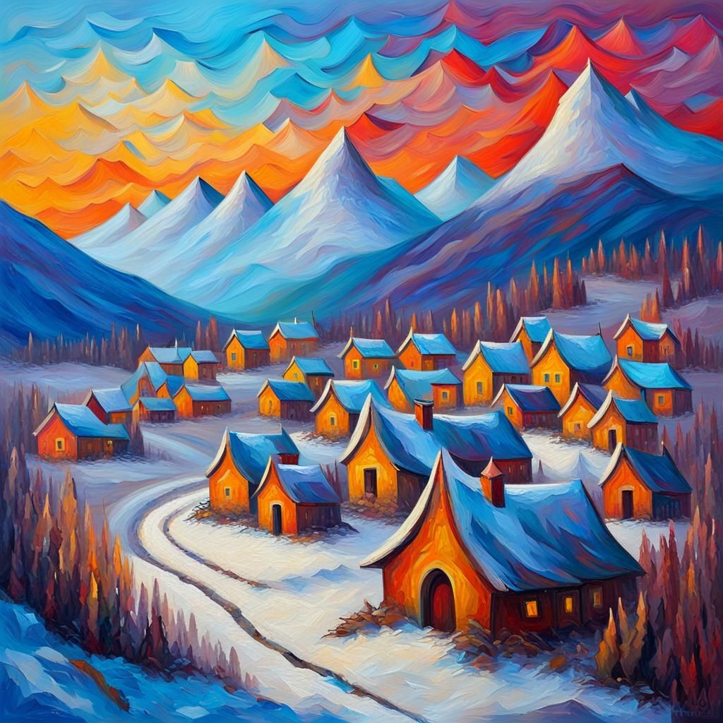 Viking Village on Snowy Mountains in Expressionist Style