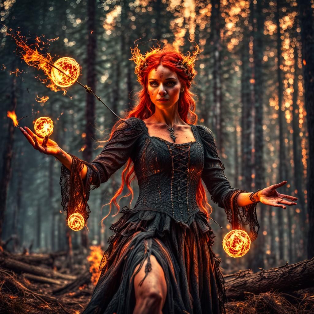 Young Fire Fairy Conjuring Fireballs in Forest