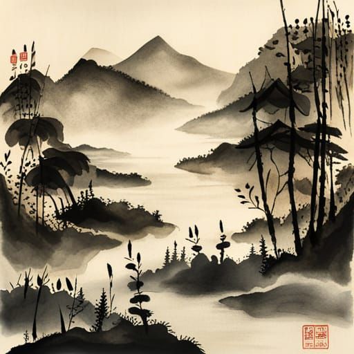 Serene Chinese Landscape Painting with River and Hills
