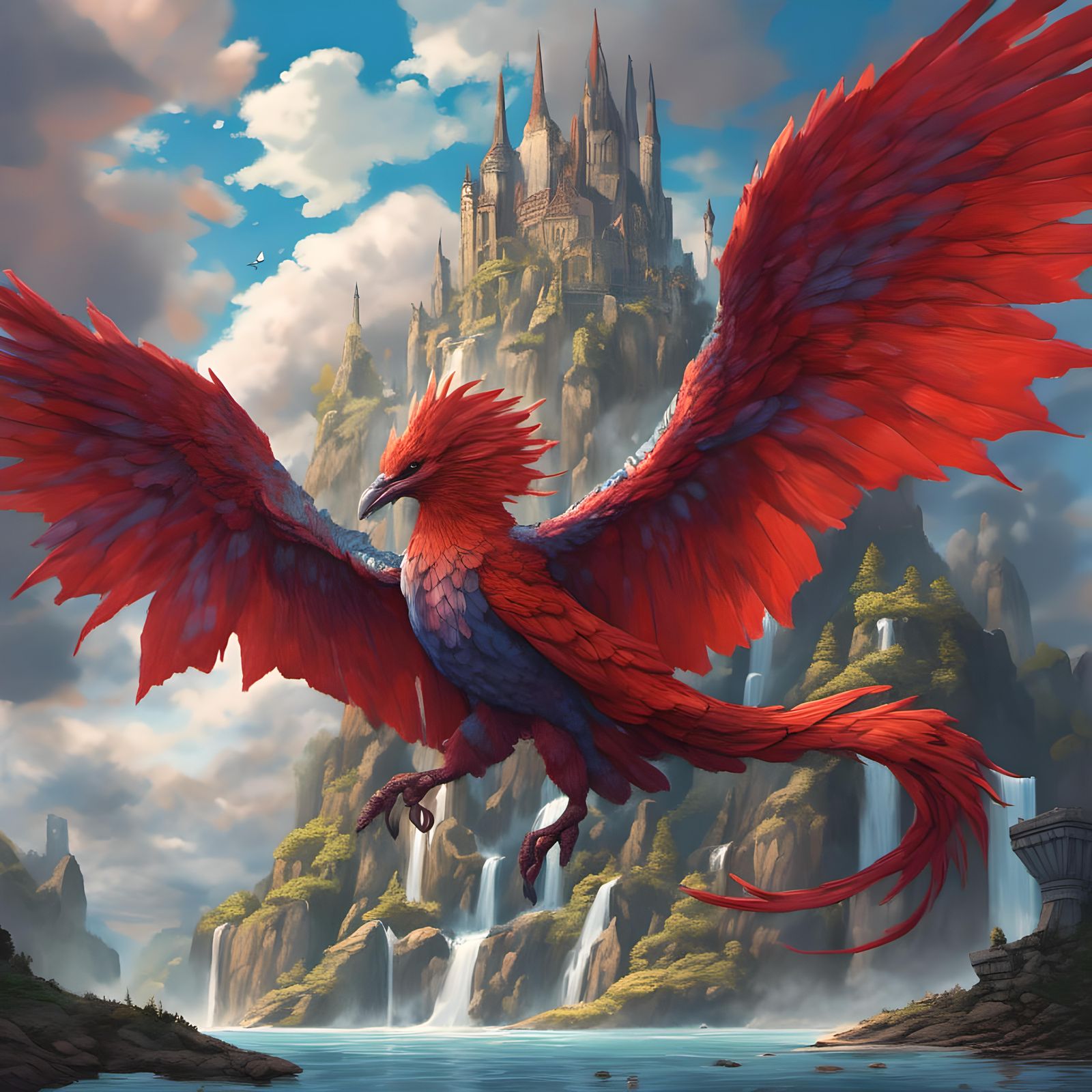 <lora:Autumn Winter:1.0> Beautiful ultradetailed fantasy bird, flying over a river, detailed fantasy background,