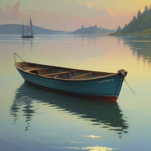 Impressionist Moonlit Harbor Scene with Tiny Boat