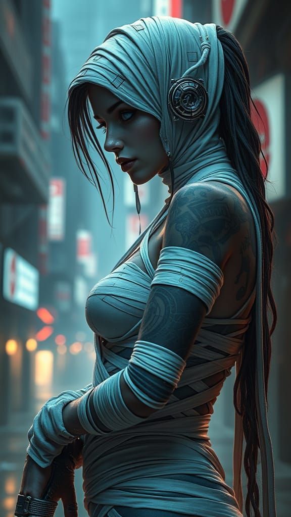 Cyber-Assassin with Biomechanical Tattoos in Urban Setting