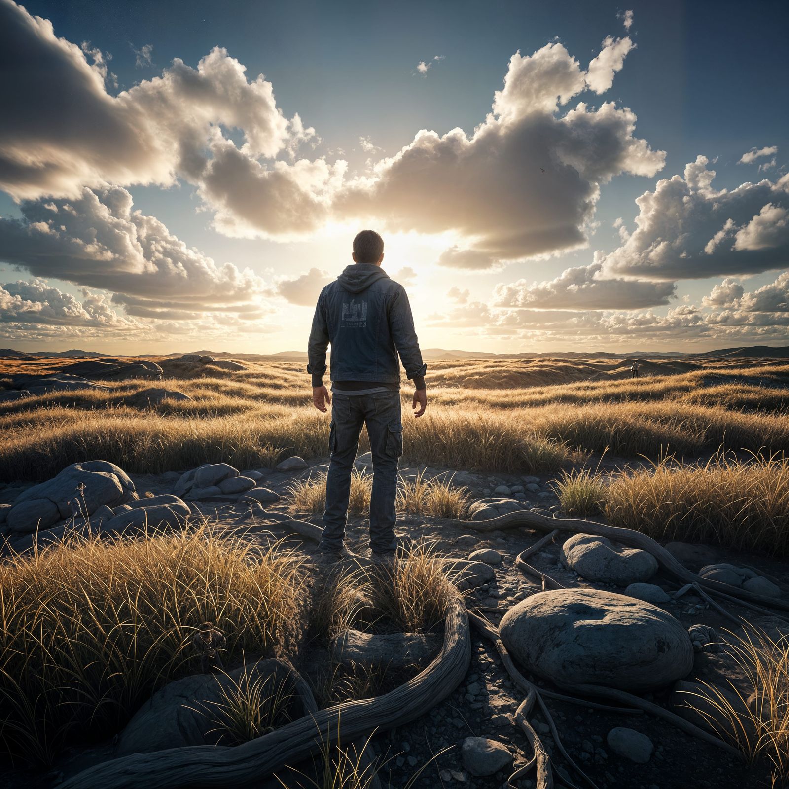 Man Gazing at a Vivid Sunset Landscape