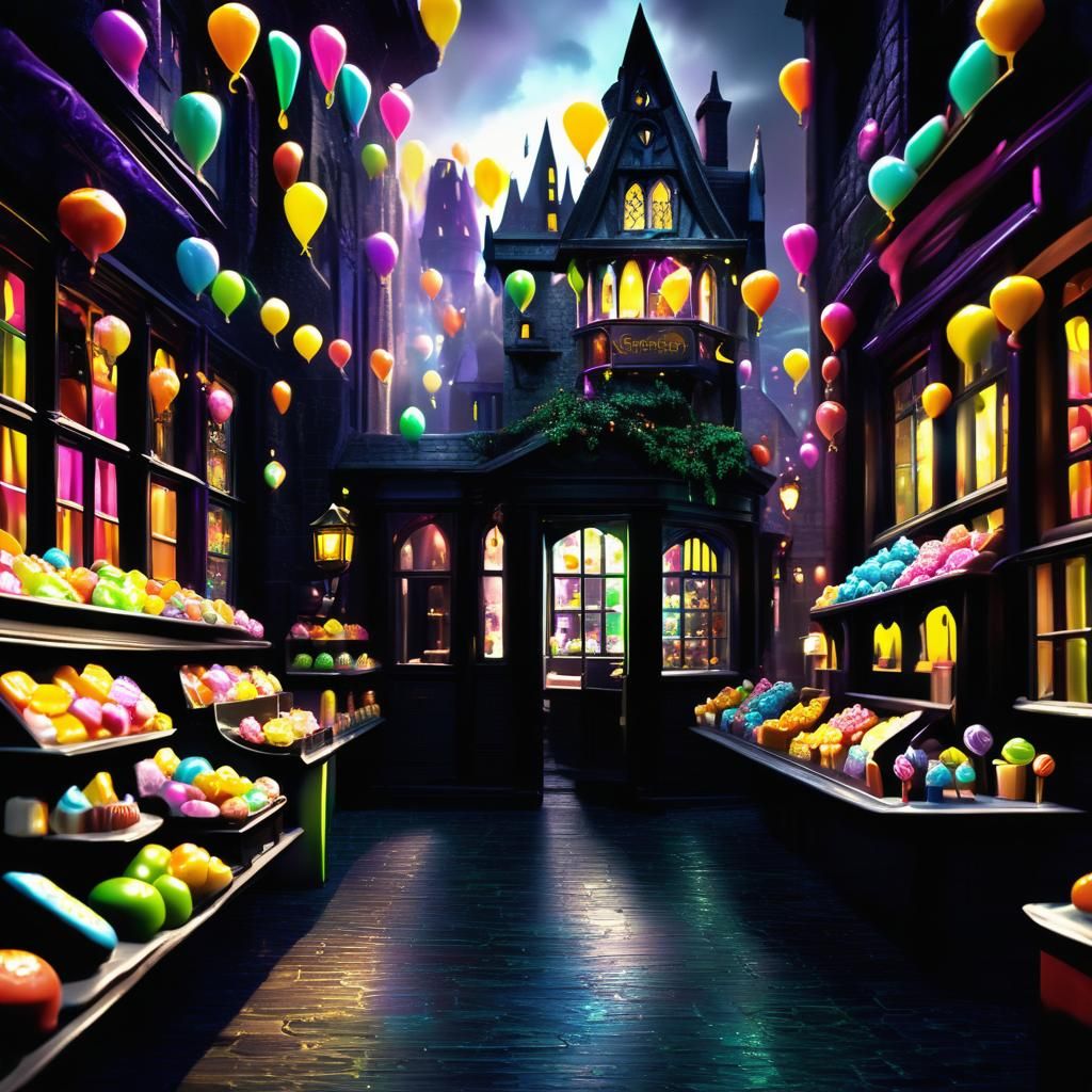 Colorful Candy Shop Near Hogwarts in Vibrant Oil Painting St...