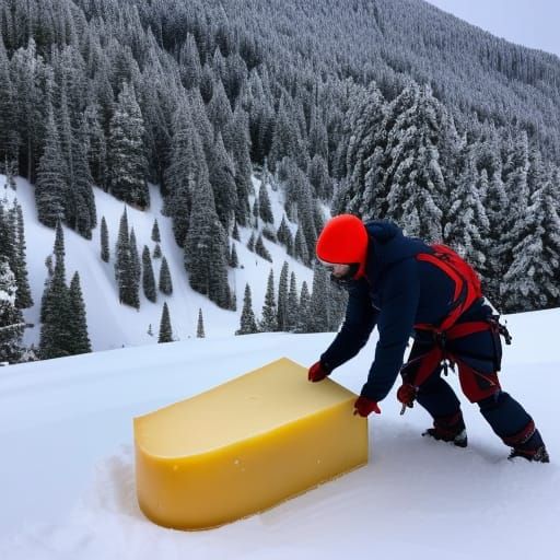 Bizarre time ! A person shifting a mammoth block of cheese through a snowy landscape