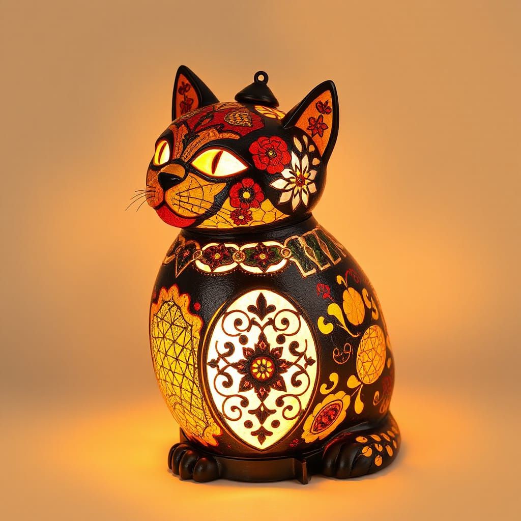 Elegant Cat Lantern with Baroque and Cubist Influences