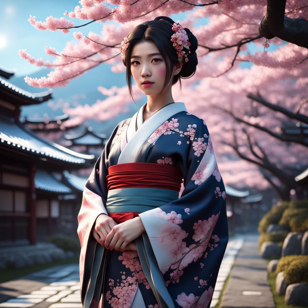 Girl in Kimono: Spring Cherry Blossom Fantasy Art