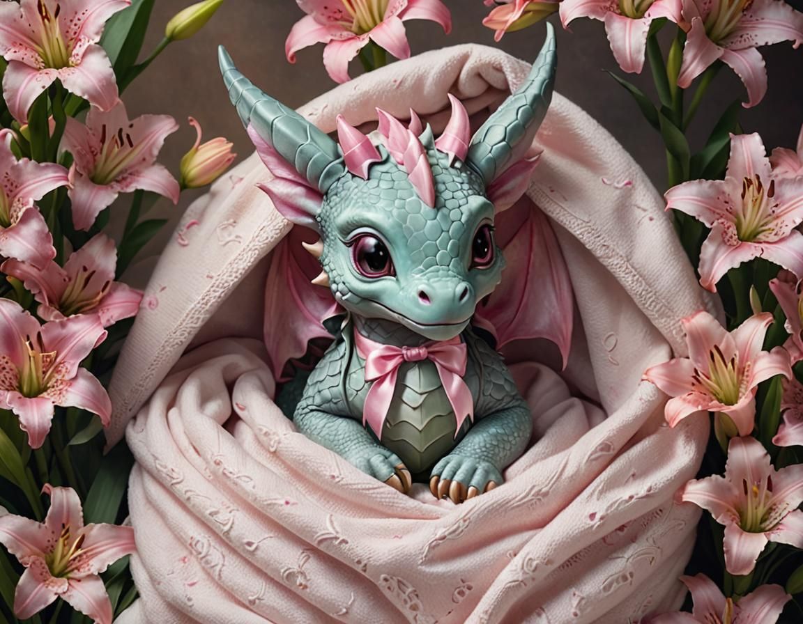 Adorable Baby Dragon with Pink Lilies