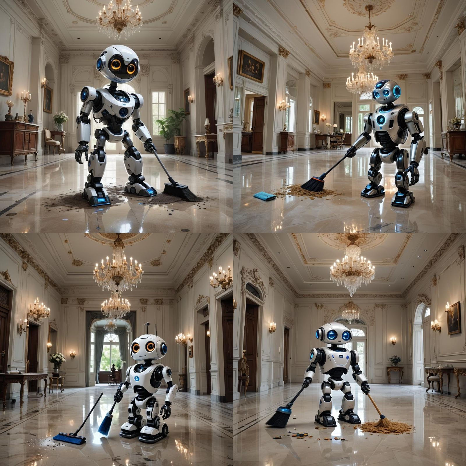 Cartoon Robot Sweeping Mansion in Photorealistic 8K