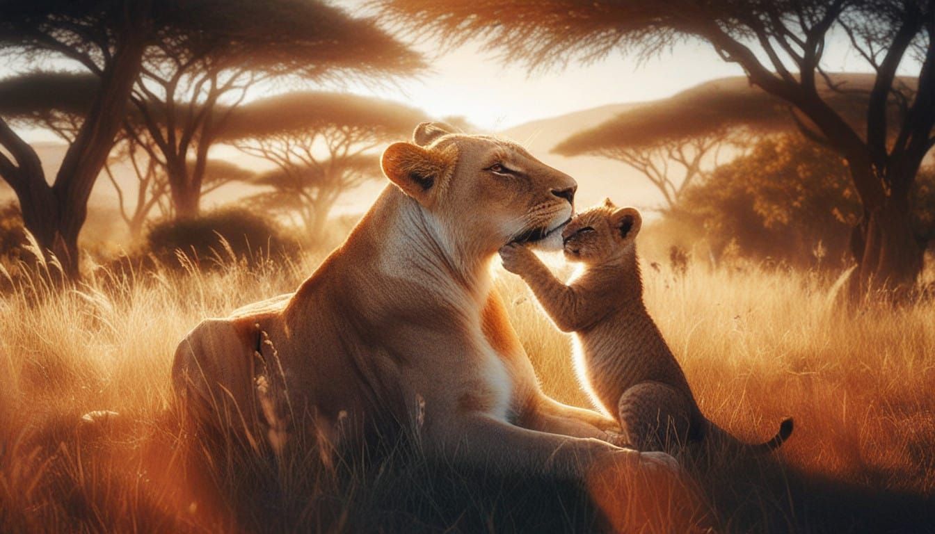 Majestic Lioness and Adorable Cub in the Savannah
